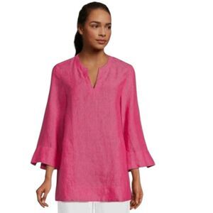 lands' end linen split neck tunic top pink womens size L